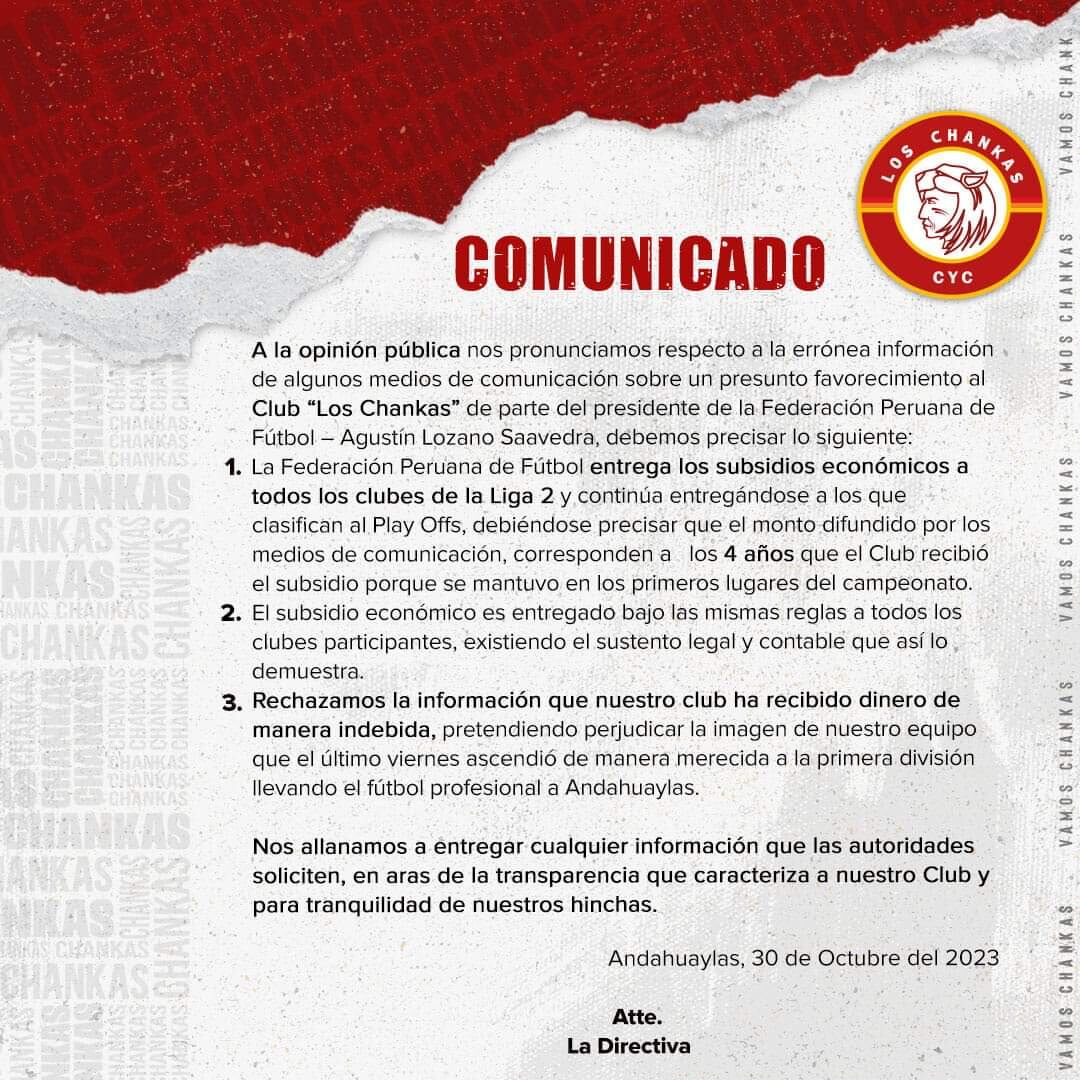 Comunicado de Los Chankas en su cuenta de Facebook. (Foto: Los Chankas)