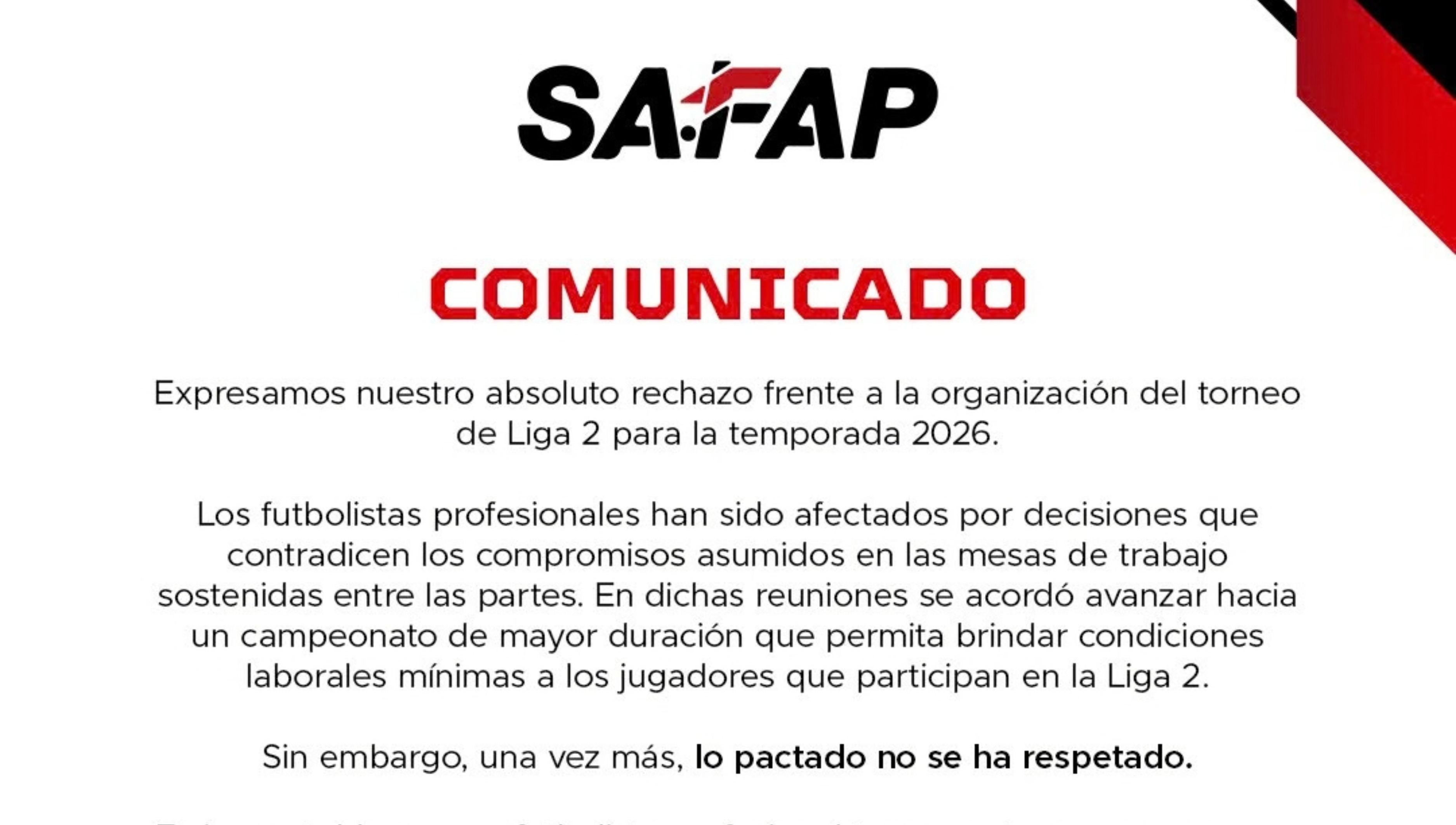 SAFAP se pronuncia en contra de la organización de la Liga 2 2026. (Foto: SAFAP)