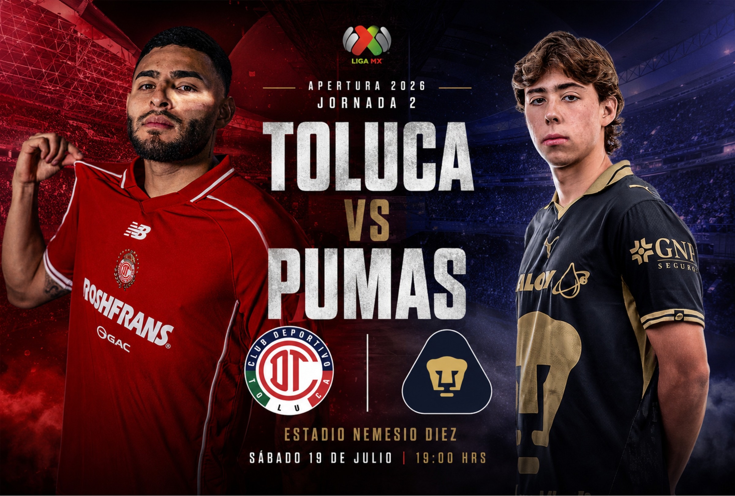 TOLUCA DE LERDO, MÉXICO (MÉXICO), 21/07/2026.- Canales y horarios para ver el partido entre Toluca vs. Pumas por la segunda fecha del Torneo Apertura 2026 de la Liga MX en el Estadio Nemesio Diez, Toluca de Lerdo, México. FOTO: Imagen creada por ChatGPT.