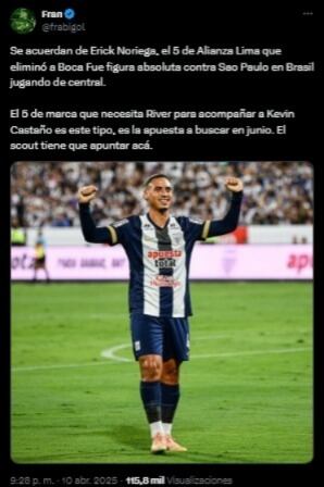 El viral pedido de un hincha de River para que fichen a Erick Noriega. (Imagen: Captura de X)