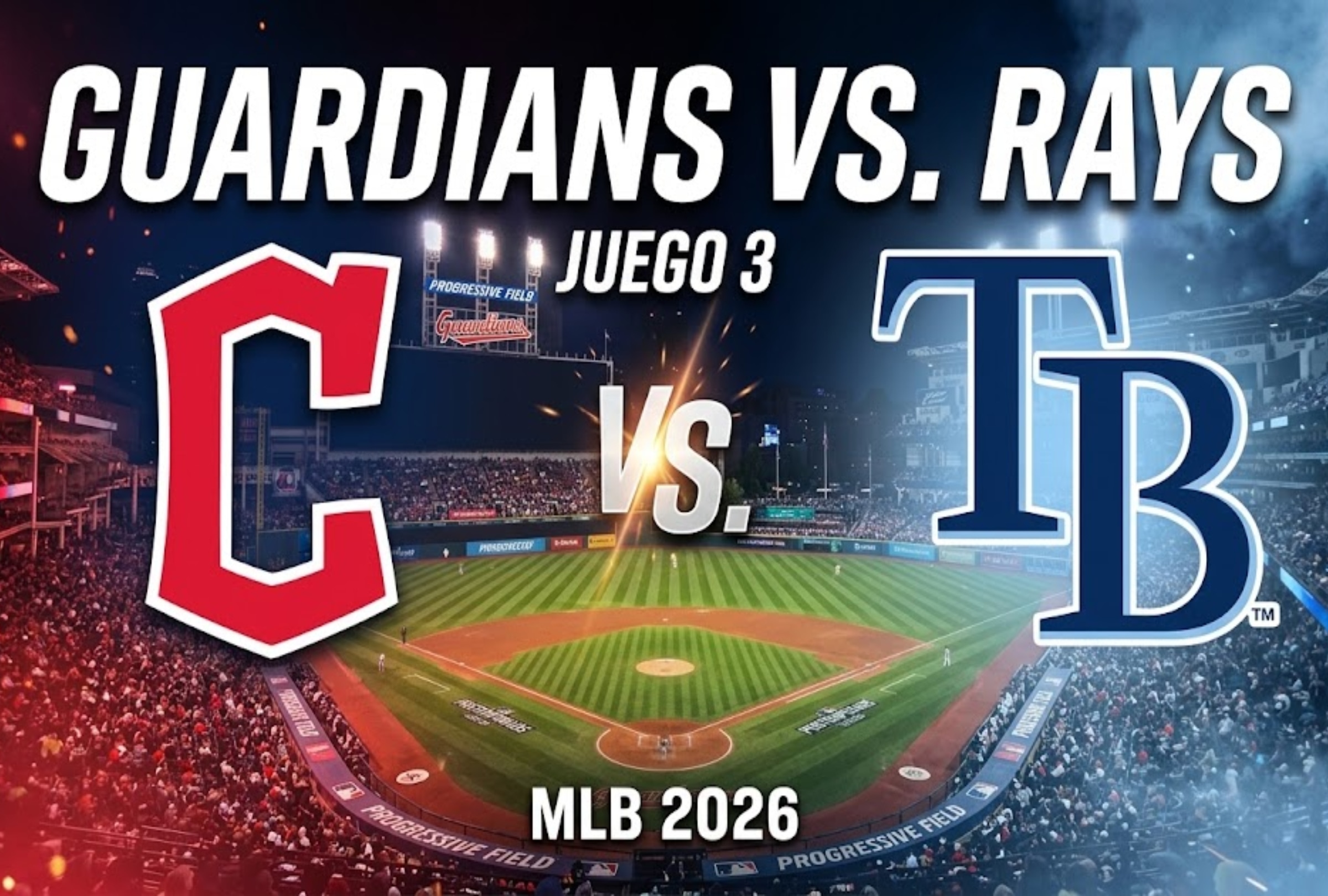 CLEVELAND, OHIO (ESTADOS UNIDOS), 15/10/2026. Revisa en qué canal ver la transmisión del partido Rays vs. Guardians EN VIVO hoy por el Juego 3 de la SCLA desde Tropicana Field. FOTO: Imagen creada por Gemini.
