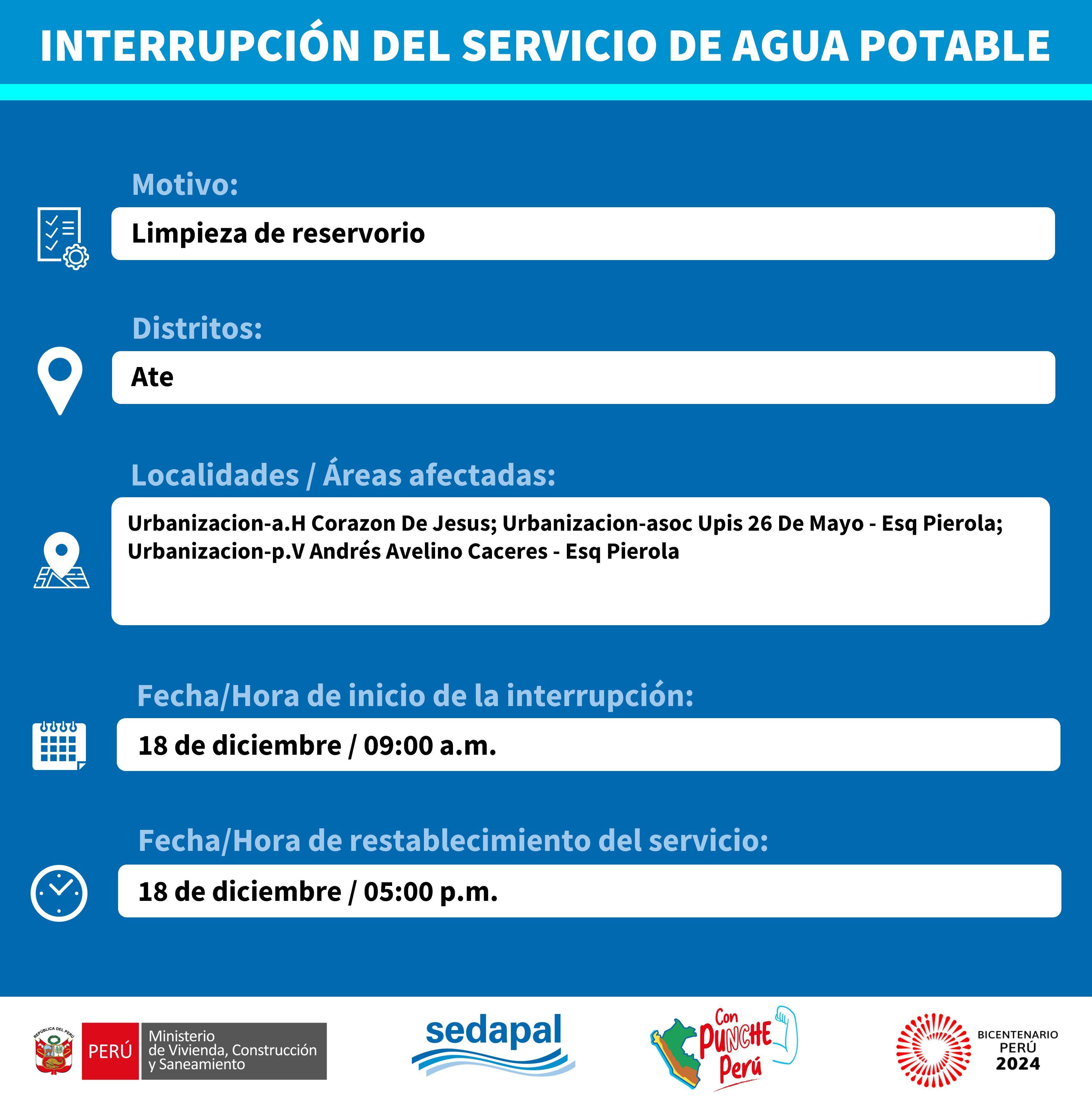 Sedapal informó qué distritos no tendrán agua este jueves 14 de diciembre. (Foto: Twitter)