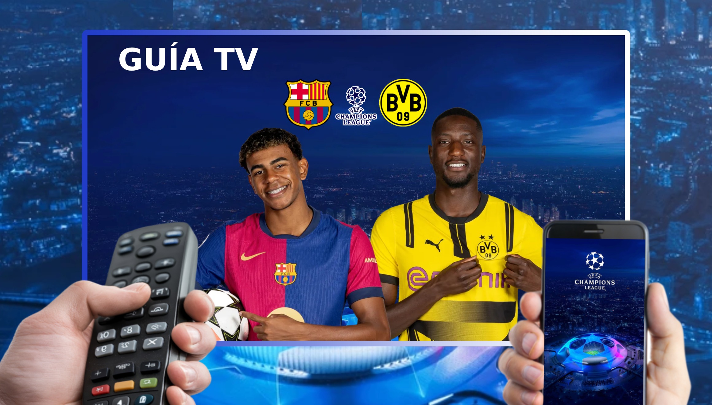 Lista de horarios y canales de televisión para ver el partido entre FC Barcelona y Borussia Dortmund este miércoles 9 de abril por la ida de los cuartos de final de la UEFA Champions League 2024-25 desde el Estadio Olímpico de Montjuic de Barcelona (Foto: Canva.com / Noé Yactayo)