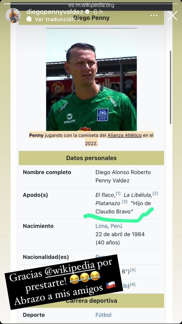 Wikipedia le puso un nuevo apodo a Diego Penny tras comentarios sobre Claudio Bravo. (Foto: Captura de Instagram).