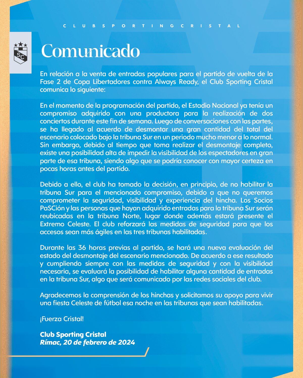 Sporting Cristal no podrá contar con la tribuna sur del Estadio Nacional, para el duelo ante Always Ready. (Foto: Prensa SC)