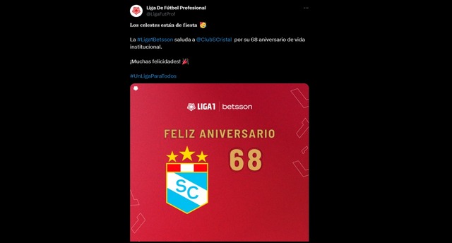 La Liga 1 Betsson saludó a Sporting Cristal por su aniversario. (Foto: Twitter)