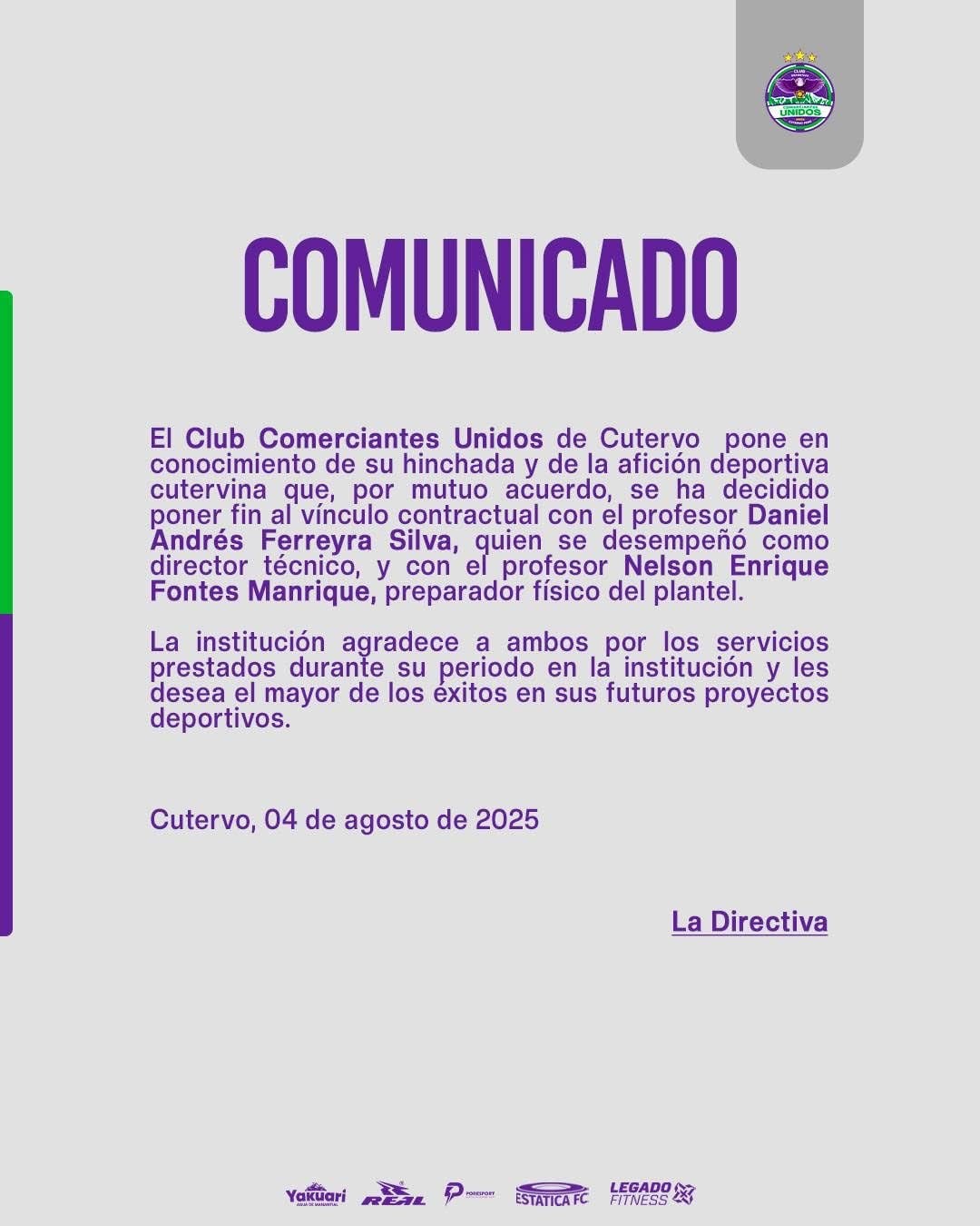 Comunicado de Comerciantes Unidos anunciando la salida de Ferreyra y del PF Nelson Fontes. (Facebook)