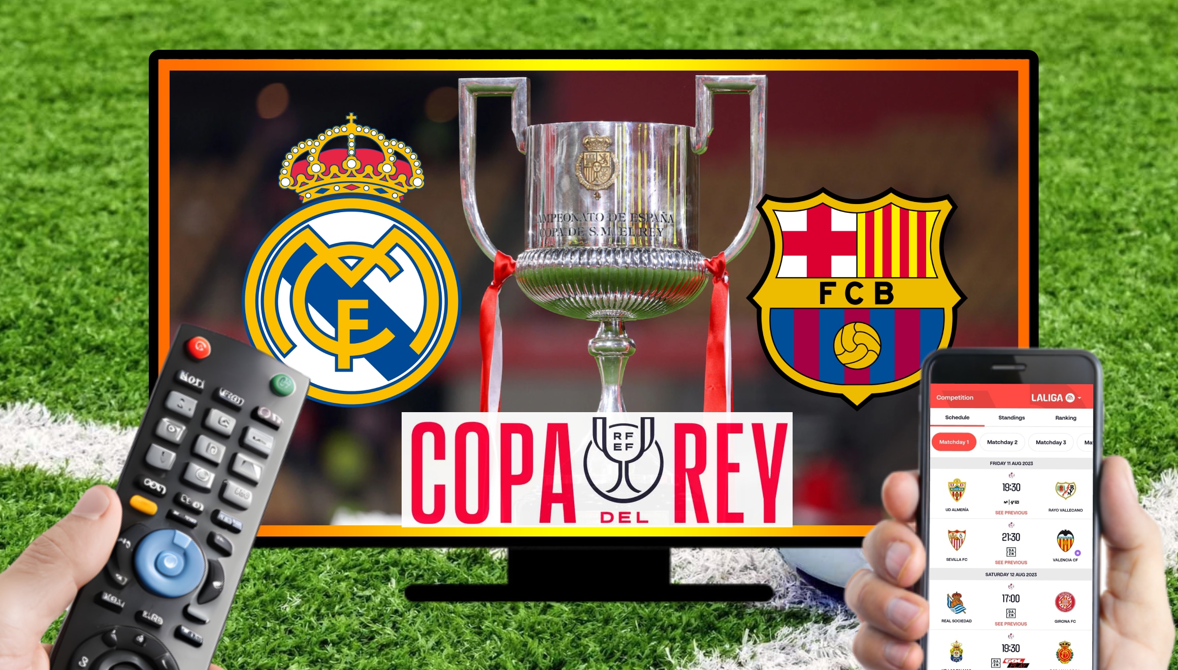 Hora exacta y guía de canales de televisión para ver El Clásico entre Real Madrid y FC Barcelona este sábado 26 de abril por la final de la Copa del Rey 2025 desde el Estadio La Cartuja de Sevilla (Foto: AFP / Canva.com / Composición de Noé Yactayo)