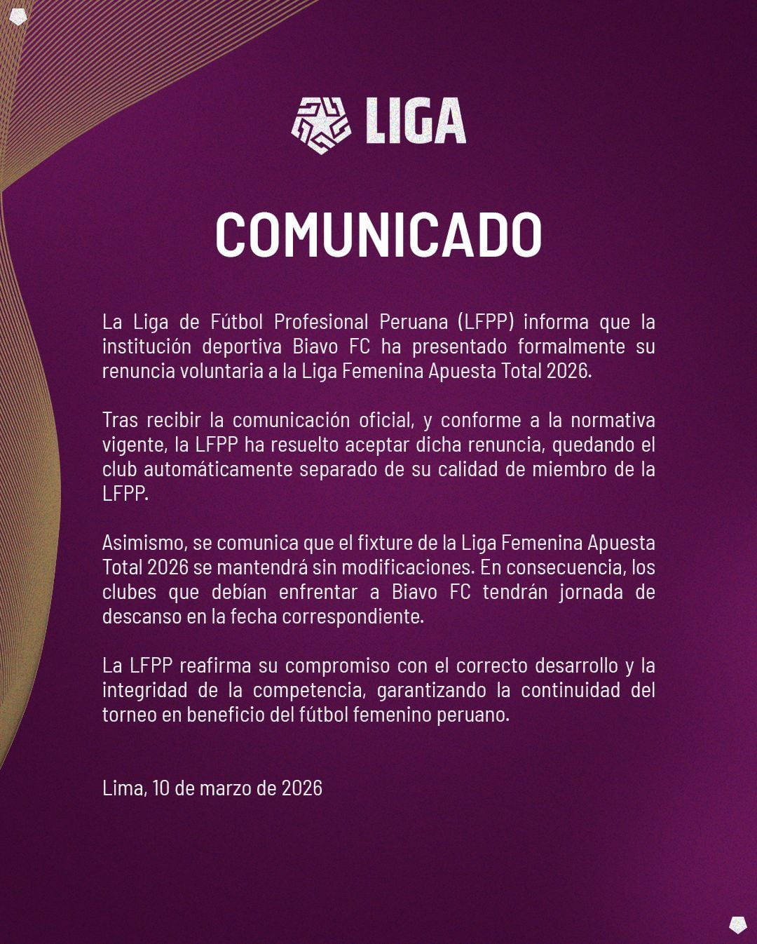 Comunicado de la Liga Femenina 2026. (Foto: X)