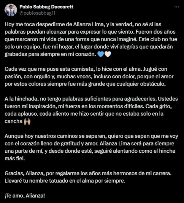 Publicación de Pablo Sabbag en redes sociales. (Captura)