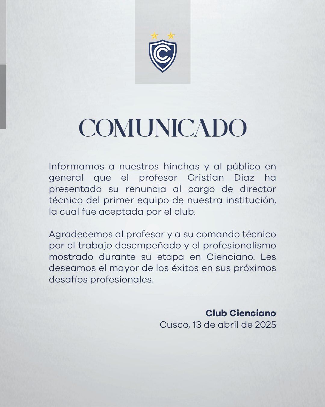 Comunicado de Cienciano del Cusco informando la salida de Cristian Díaz.