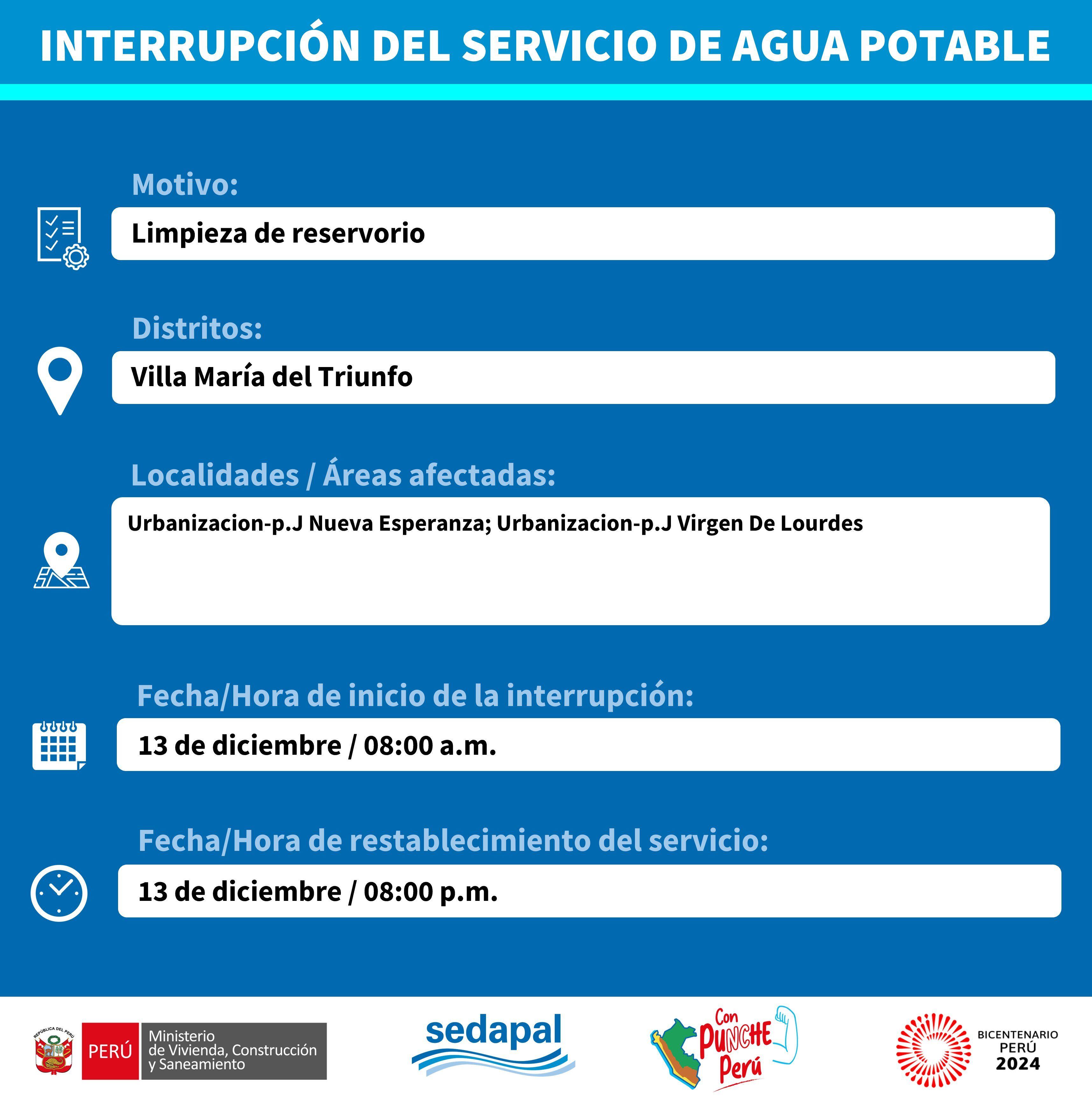 Sedapal informó qué distritos no tendrán agua este miércoles 13 de diciembre. (Foto: Twitter)