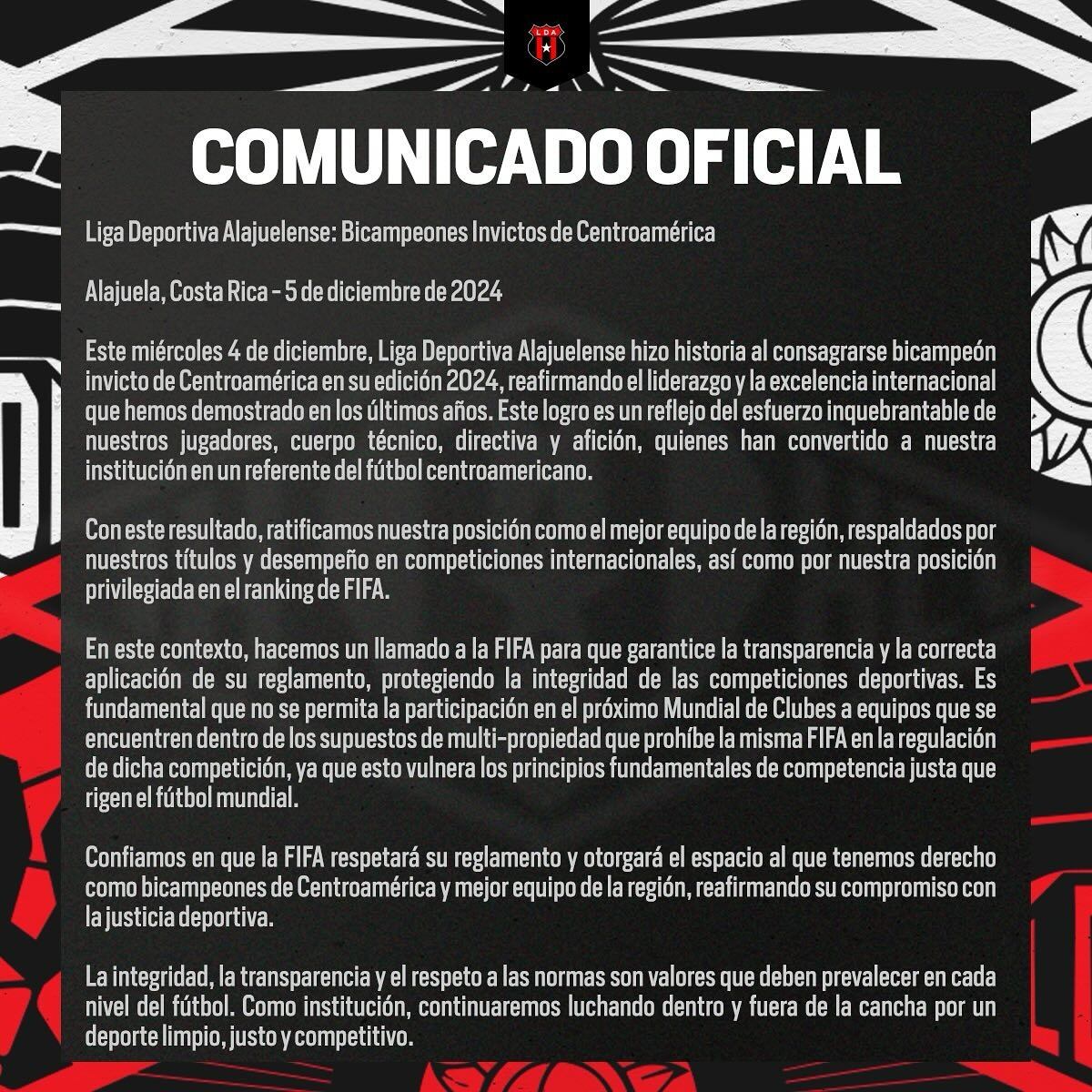 Alajuelense emitió un comunicado a la FIFA exigiendo su participación en el Mundial de Clubes 2025. (Difusión).