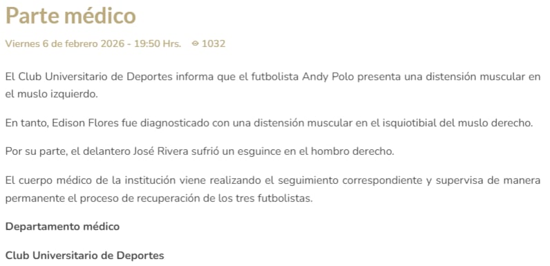 Comunicado de Universitario de Deportes sobre lesión de Flores y Polo | Foto: Universitario