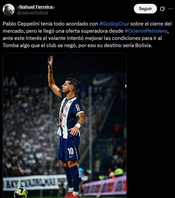 Nahuel Ferreira informa sobre el próximo destino de Pablo Ceppelini. (Foto: Captura X)