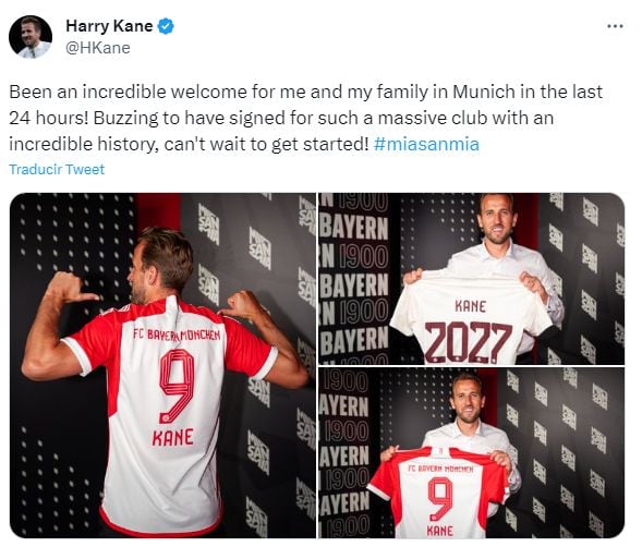 Harry Kane firmó por el Bayern Munich a cambio de 100 millones de euros. (Foto: Twitter)