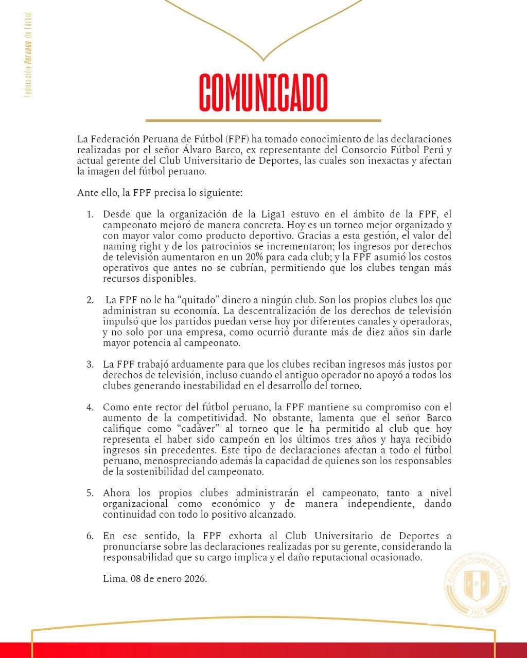 Comunicado de la FPF sobre los comentarios de Álvaro Barco, director deportivo de Universitario.