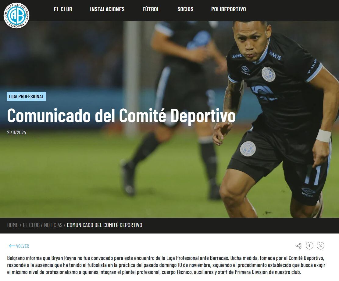 Comunicado del Comité Deportivo de Belgrano sobre el caso de Bryan Reyna.