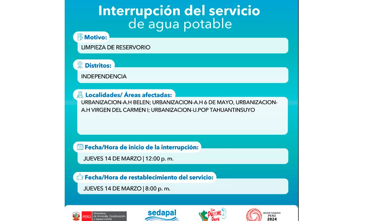 Corte de agua del 14 de marzo. (Foto: Oficial)