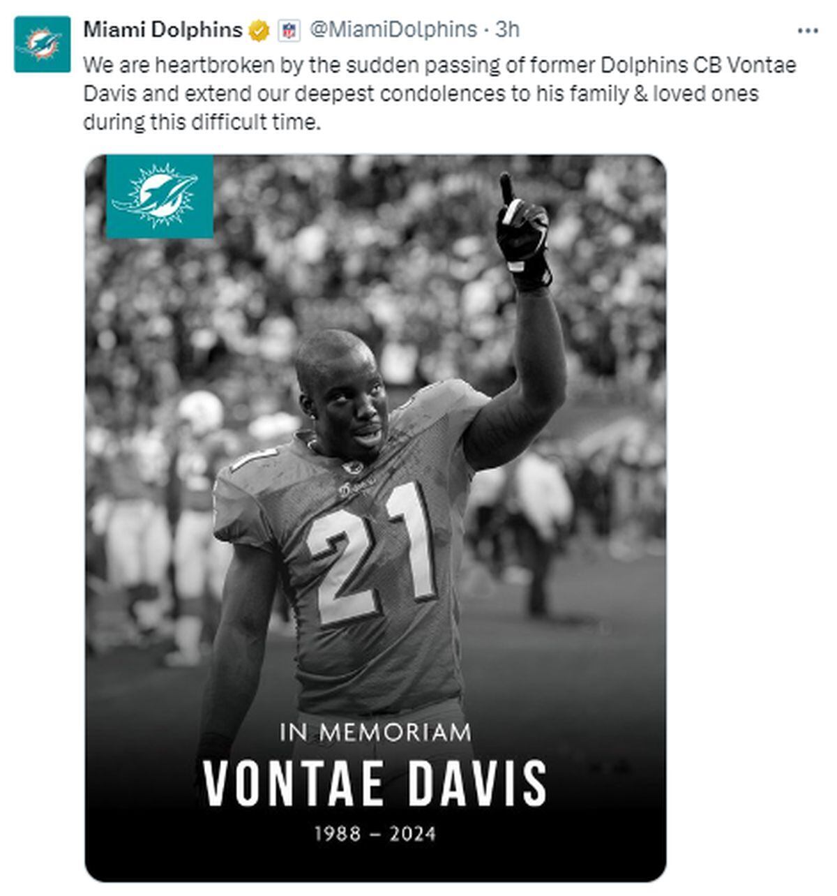 Otro de los equipo en el que jugó se despidió de Vontae Davis (Foto: Miami Dolphins / X)