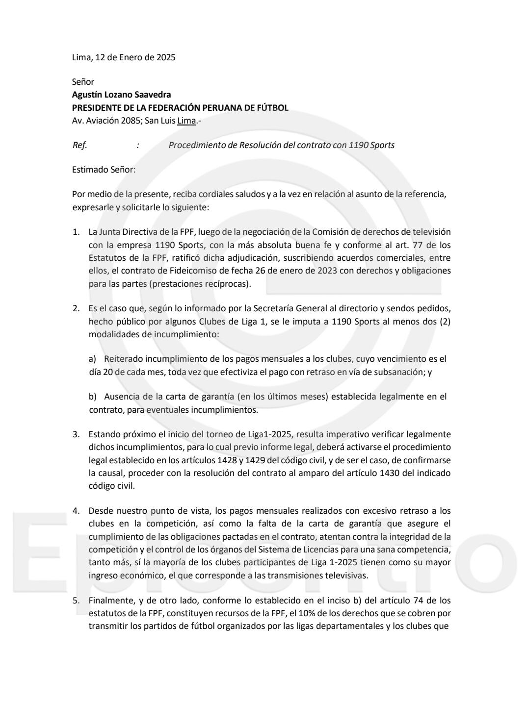 Carta de cuatro miembros del Directorio de la FPF dirigida a Agustín Lozano.