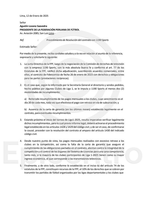 Carta de cuatro miembros del Directorio de la FPF dirigida a Agustín Lozano.