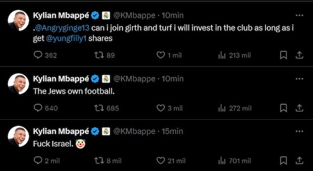 Hackearon a Mbappé: los mensajes que publicó en 'X'. (Foto: X)