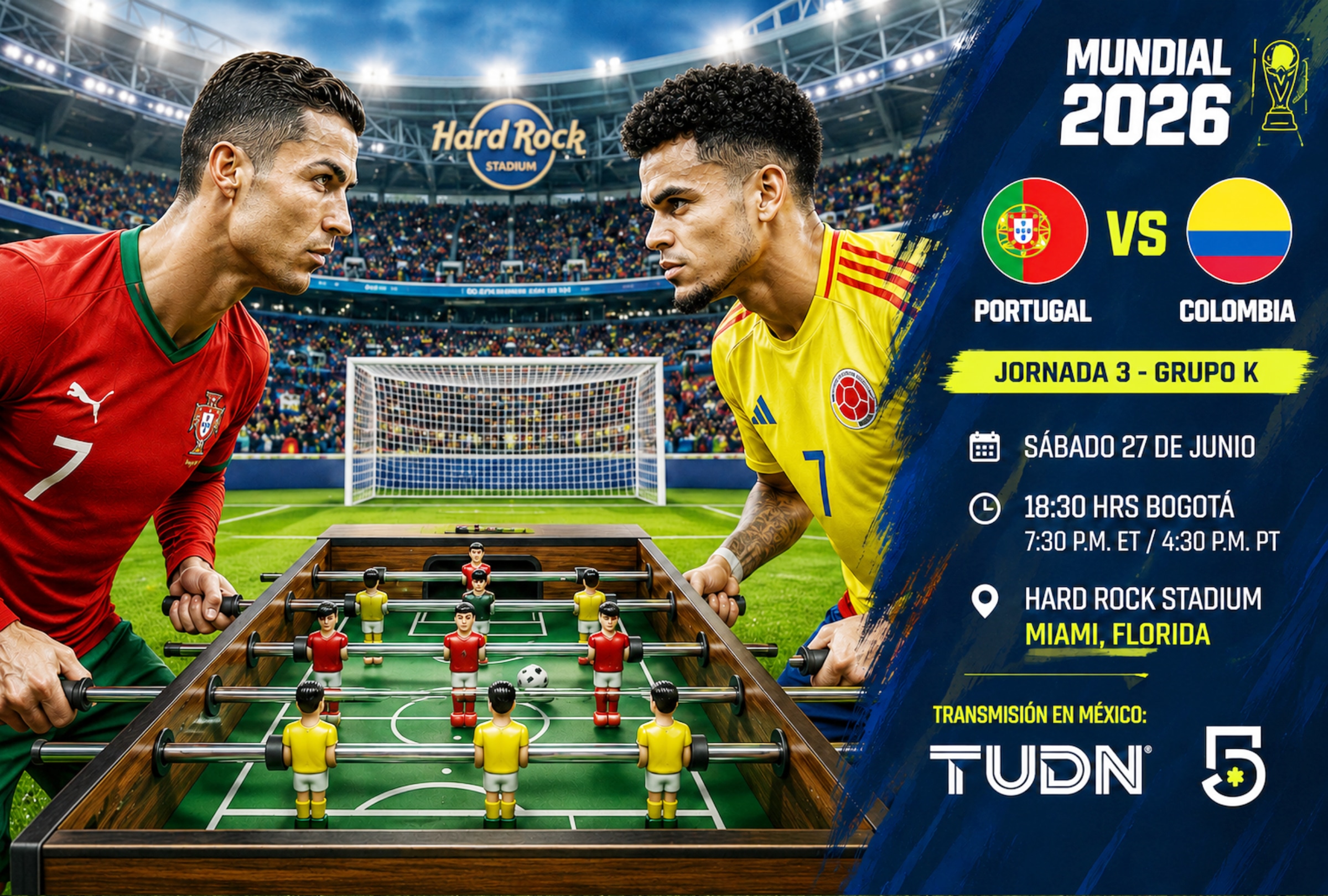 MIAMI, FLORIDA (ESTADOS UNIDOS). Cobertura oficial de TUDN y CANAL 5 EN VIVO GRATIS para ver el partido Portugal vs. Colombia hoy por la fecha 3 del grupo K del Mundial 2026 en el Hard Rock Stadium de Miami, Florida. FOTO DE NOÉ YACTAYO CON IA DE CHATGPT / GEMINI AI / PERPLEXITY AI / GROK