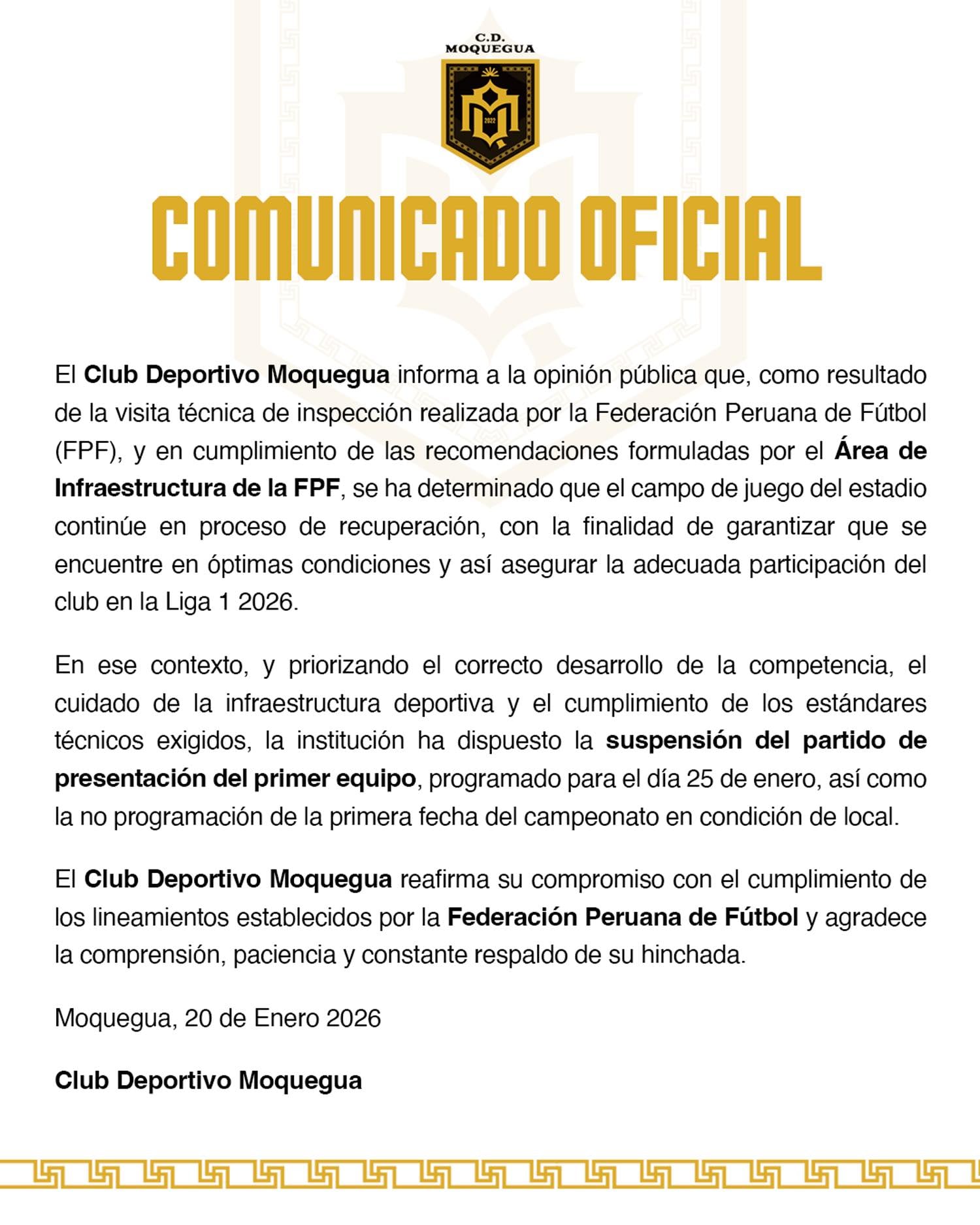 Comunicado de la suspensión del evento. (Foto: Deportivo Moquegua)