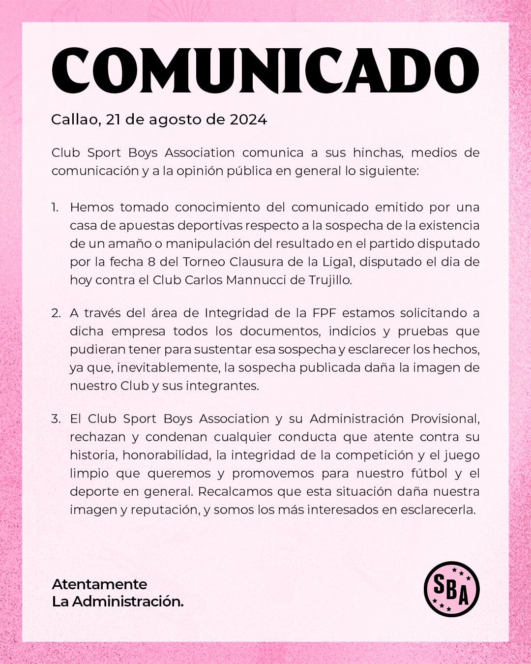 Comunicado de Sport Boys ante caso de amaño de partidos. (Foto: Sport Boys)