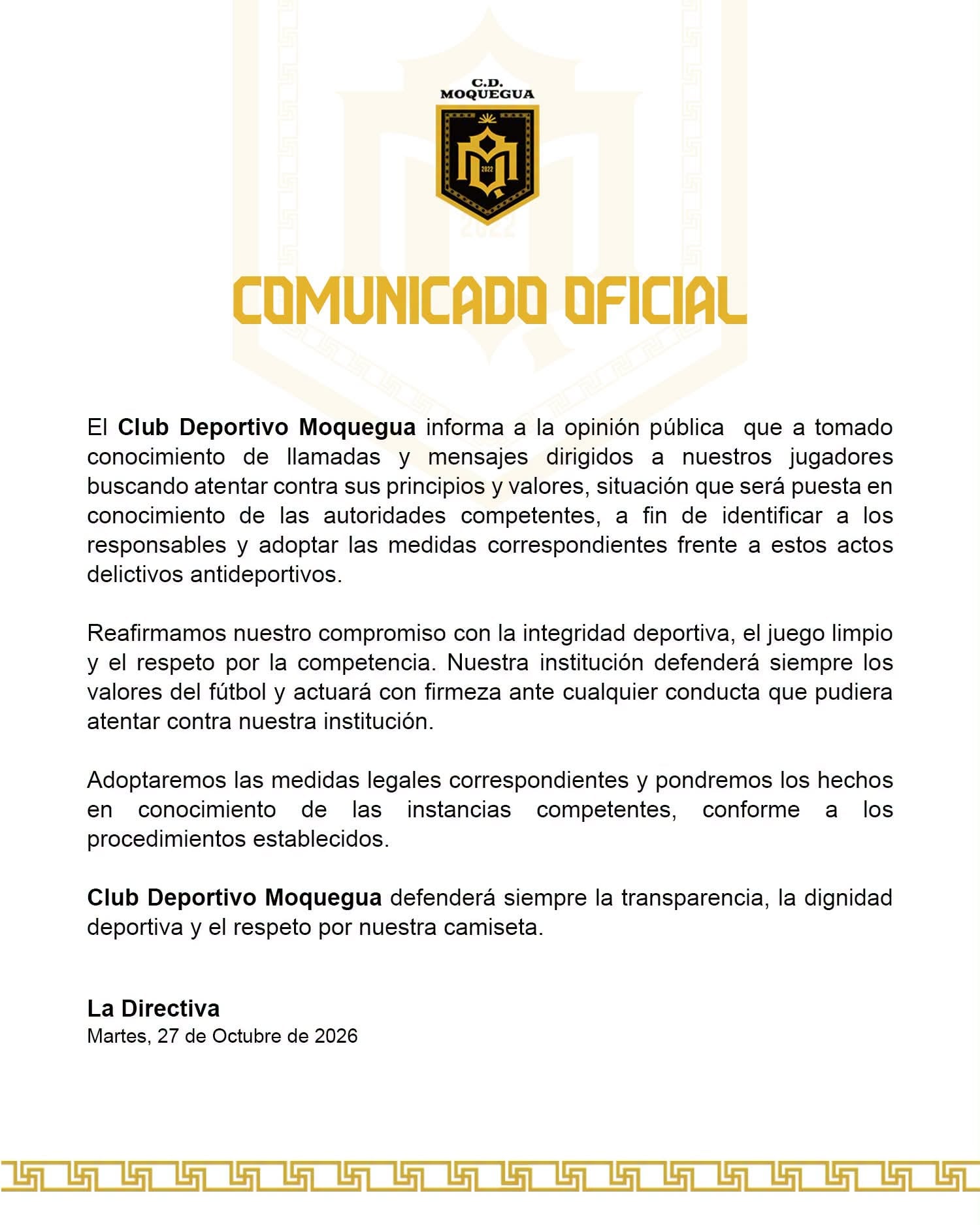 El comunicado del CD Moquegua. (Foto: CD Moquegua)