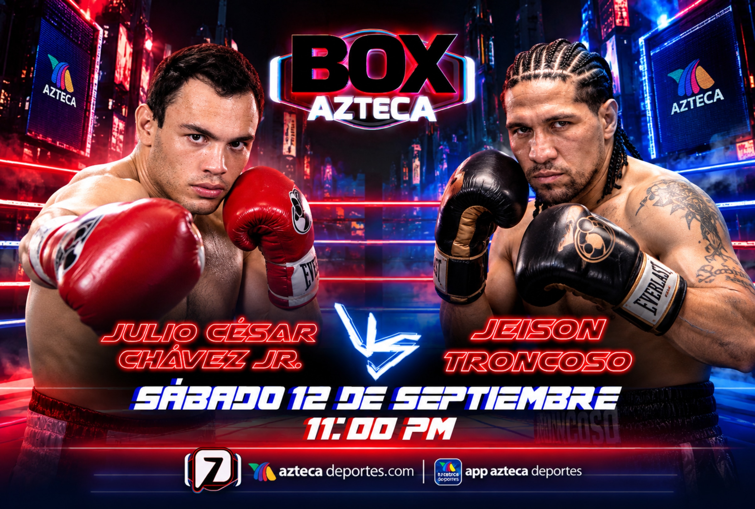 PUEBLA (MÉXICO), 12/09/2026.- Cobertura oficial de TV Azteca Siete (Box en Canal 7) para ver la pelea de Julio César Chávez Jr. vs. Jeison Troncoso hoy por la categoría peso crucero en el Gimnasio Miguel Hidalgo de Puebla,. FOTO DE TV Azteca