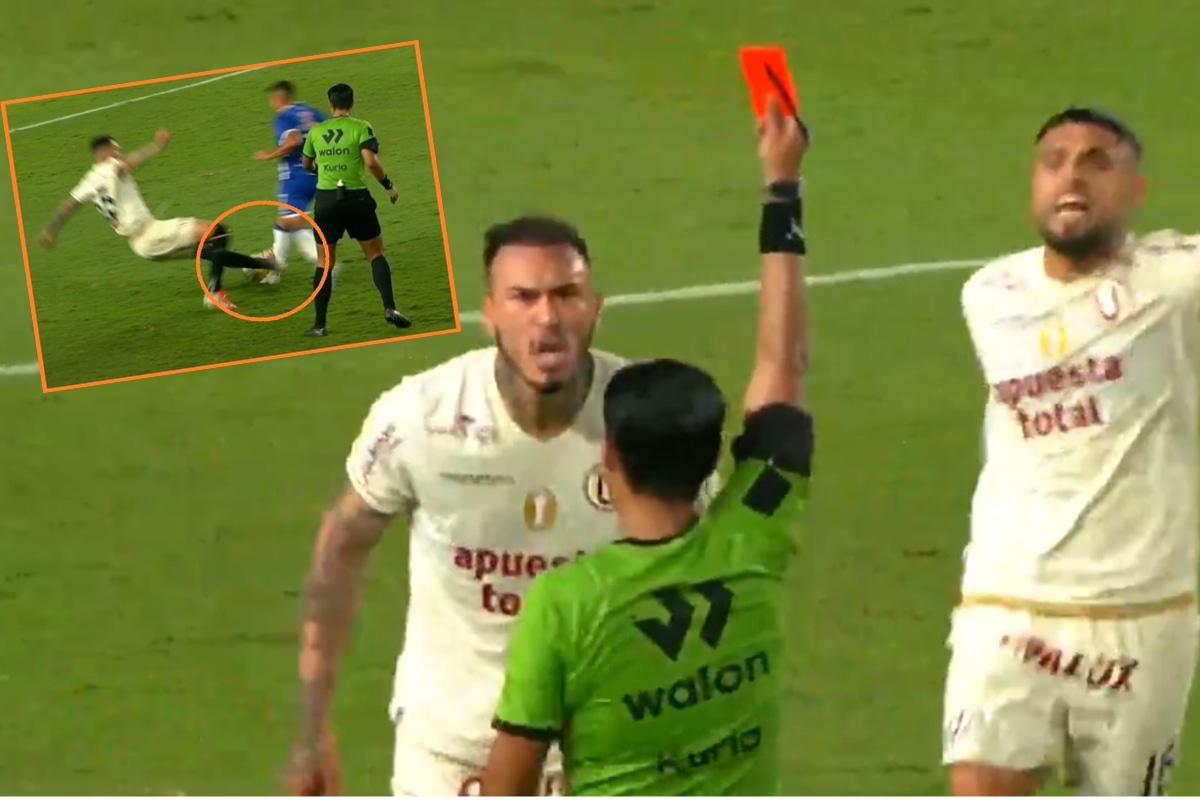 Gustavo Dulanto vio la roja en el Universitario vs. Alianza Atlético por esta falta a Rodrigo Castro. (Captura)