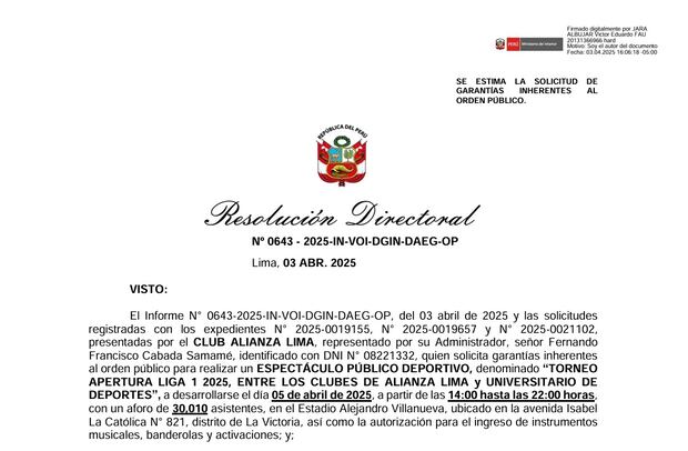 Parte del comunicado del Ministerio del Interior dando la autorización para el ingreso de instrumentos musicales y banderolas para el clásico.