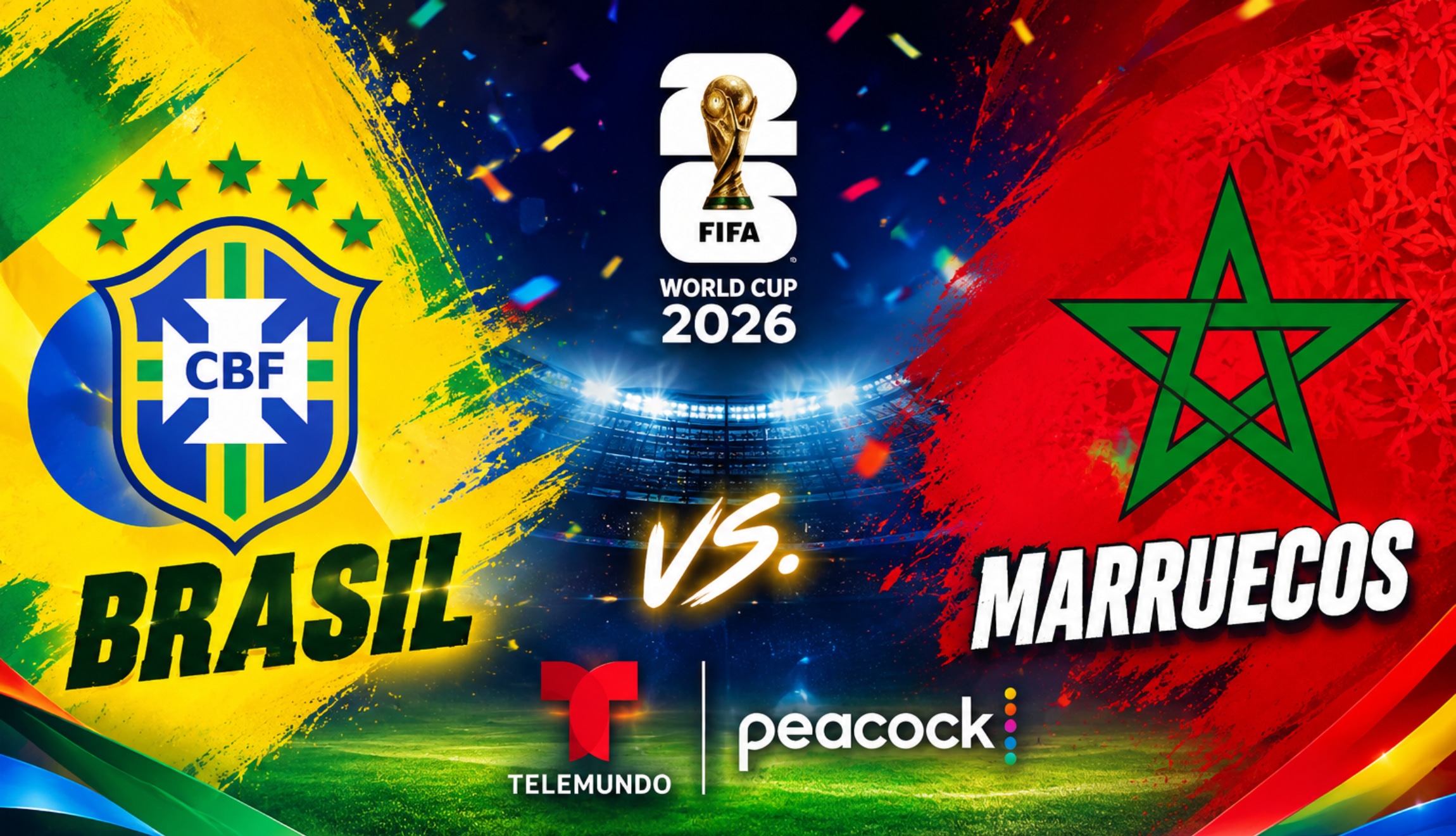 Señal en español de Telemundo y Peacock en vivo para seguir la transmisión de Brasil vs. Marruecos en directo, por la Jornada 1 de la Copa Mundial 2026. (Foto: Imagen creada por Depor utilizando la IA de Chat GPT)