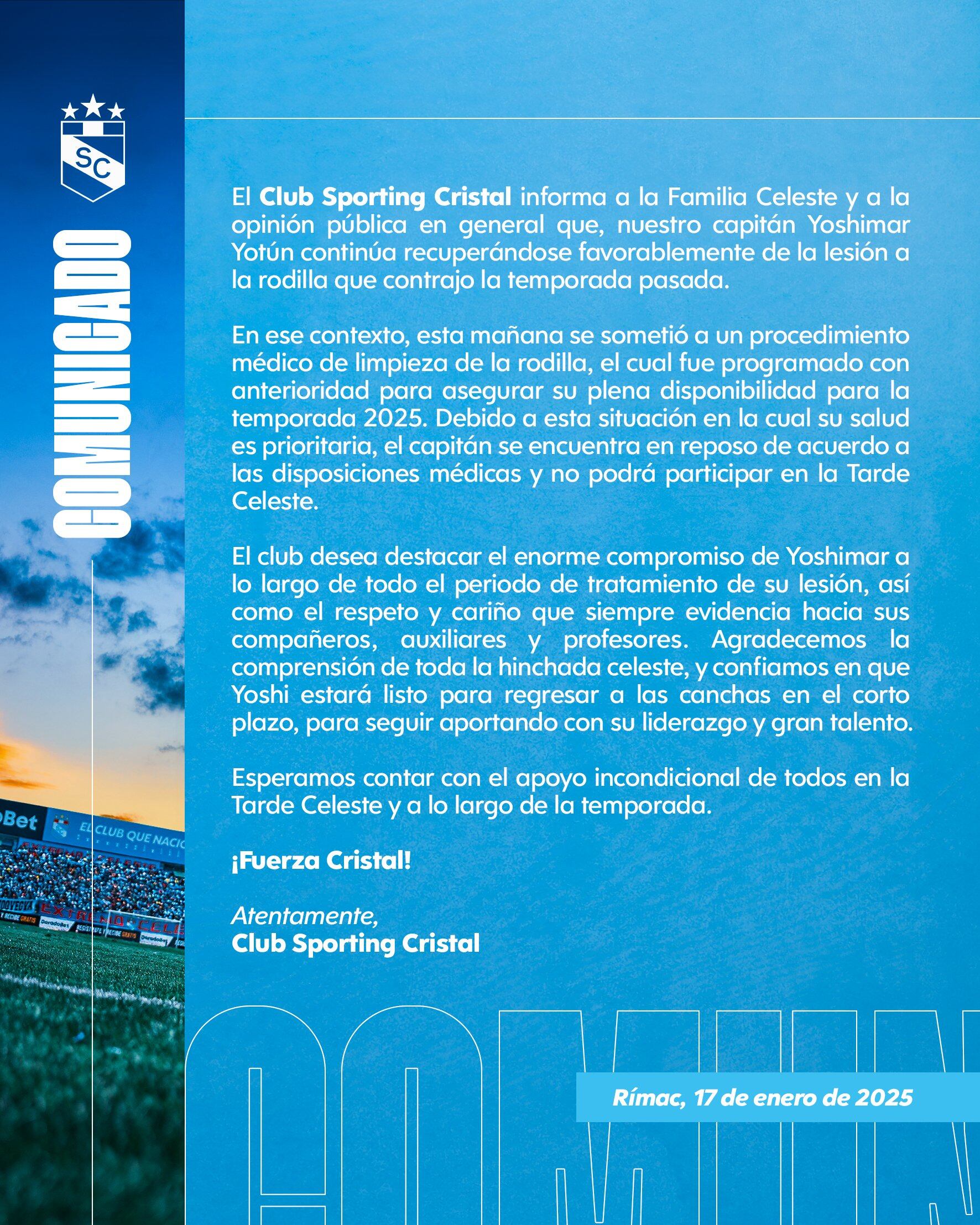 El comunicado que compartió Sporting Cristal en sus redes sociales.