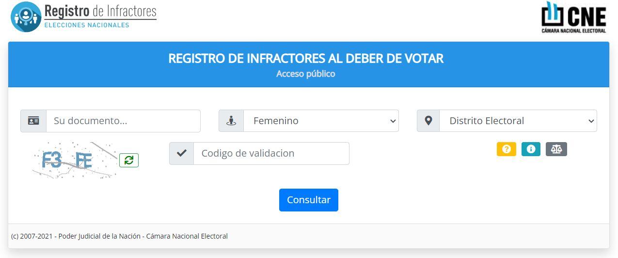 Vista general del sitio web del registro de infractores al deber de votar donde la persona deberá presentar la justificación de la no emisión de su sufragio. | Crédito: infractores.padron.gov.ar