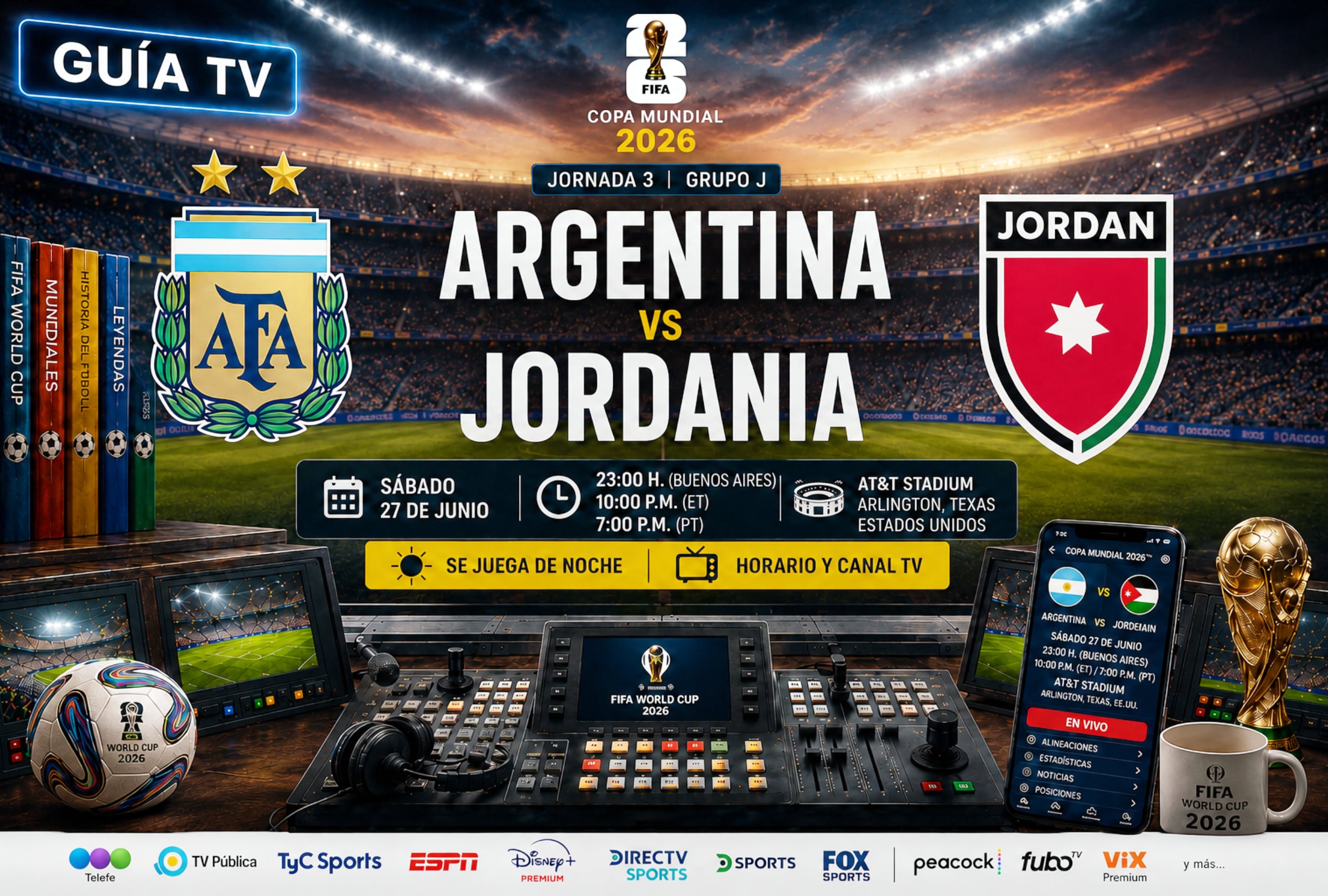 DALLAS, TEXAS (ESTADOS UNIDOS), 27/06/2026.- Lista de canales de televisión y servicios streaming para ver el partido Argentina vs. Jordania hoy por la Jornada 3 del grupo J del Mundial 2026 en el AT&T Stadium de Arlington en Dallas, Texas. FOTO DE NOÉ YACTAYO