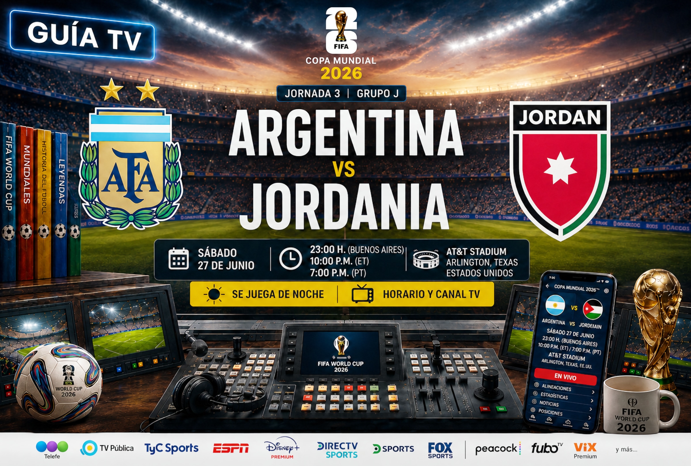 DALLAS, TEXAS (ESTADOS UNIDOS), 27/06/2026.- Lista de canales de televisión y servicios streaming para ver el partido Argentina vs. Jordania hoy por la Jornada 3 del grupo J del Mundial 2026 en el AT&T Stadium de Arlington en Dallas, Texas. FOTO DE NOÉ YACTAYO