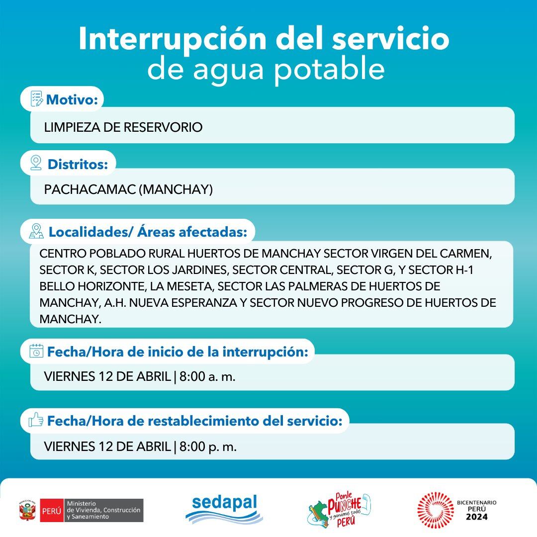 Sedapal anunció las zonas de Lima Metropolitana que no contarán con servicio de agua este 12 de abril. (Foto: Sedapal)