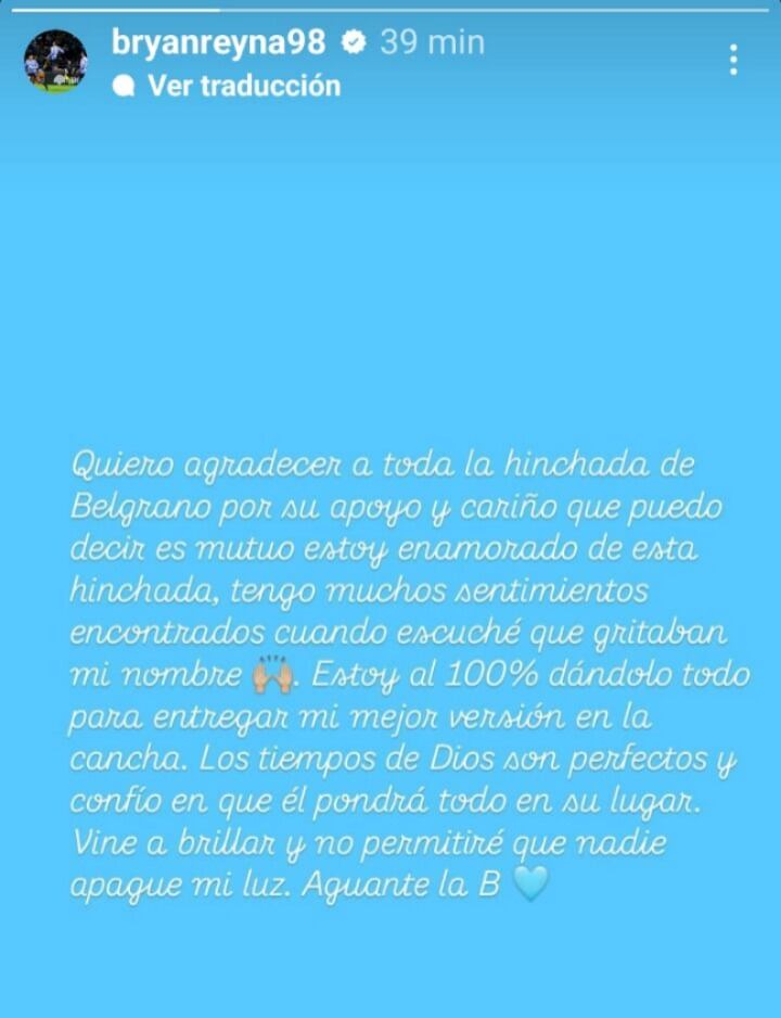 Respuesta de Bryan Reyna a lo dicho por su técnico de Belgrano. (Imagen: Captura de Instagram)