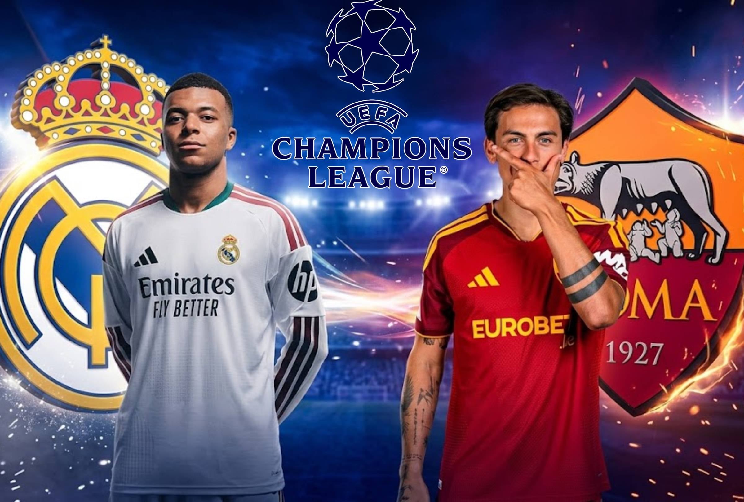 ROMA, LAZIO (ITALIA), 14/10/2026. Revisa la guía de canales y horarios del partido Real Madrid vs. Roma que se realizará en el Estadio Olímpico de Roma por la Champions League. FOTO: Imagen creada por la IA de Gemini.