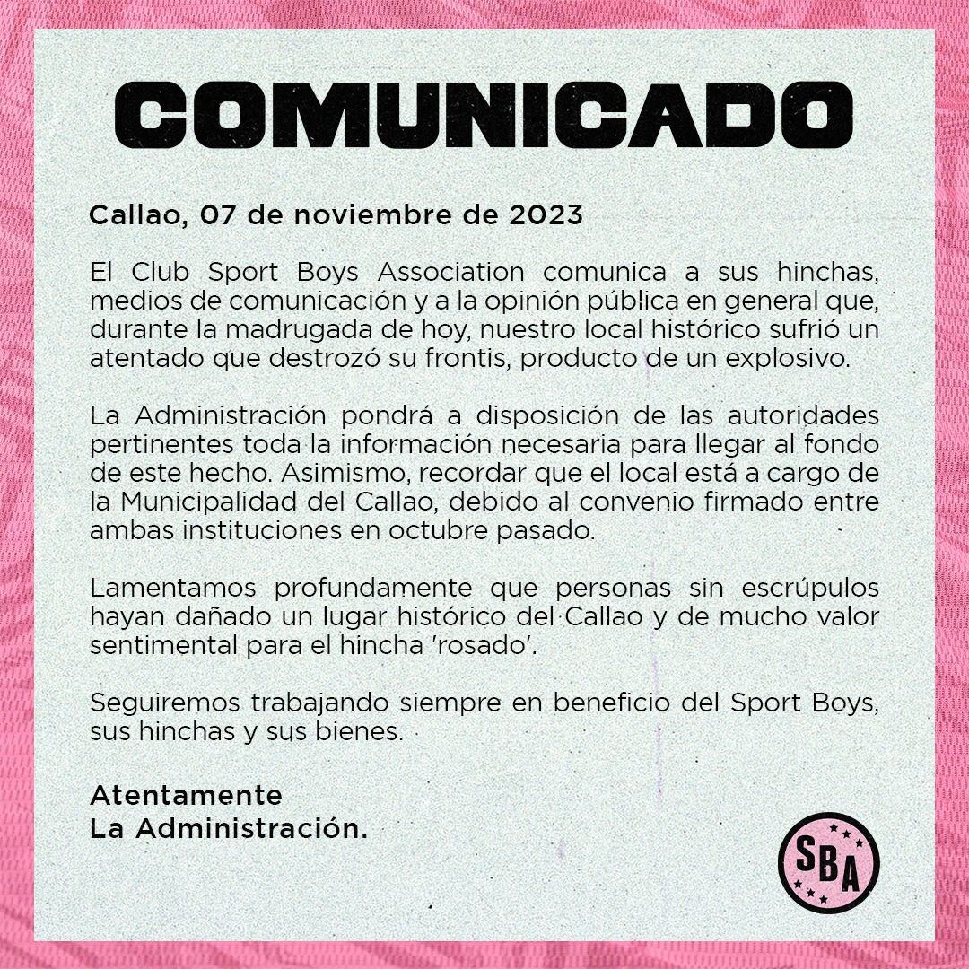 El comunicado difundido por Sport Boys.