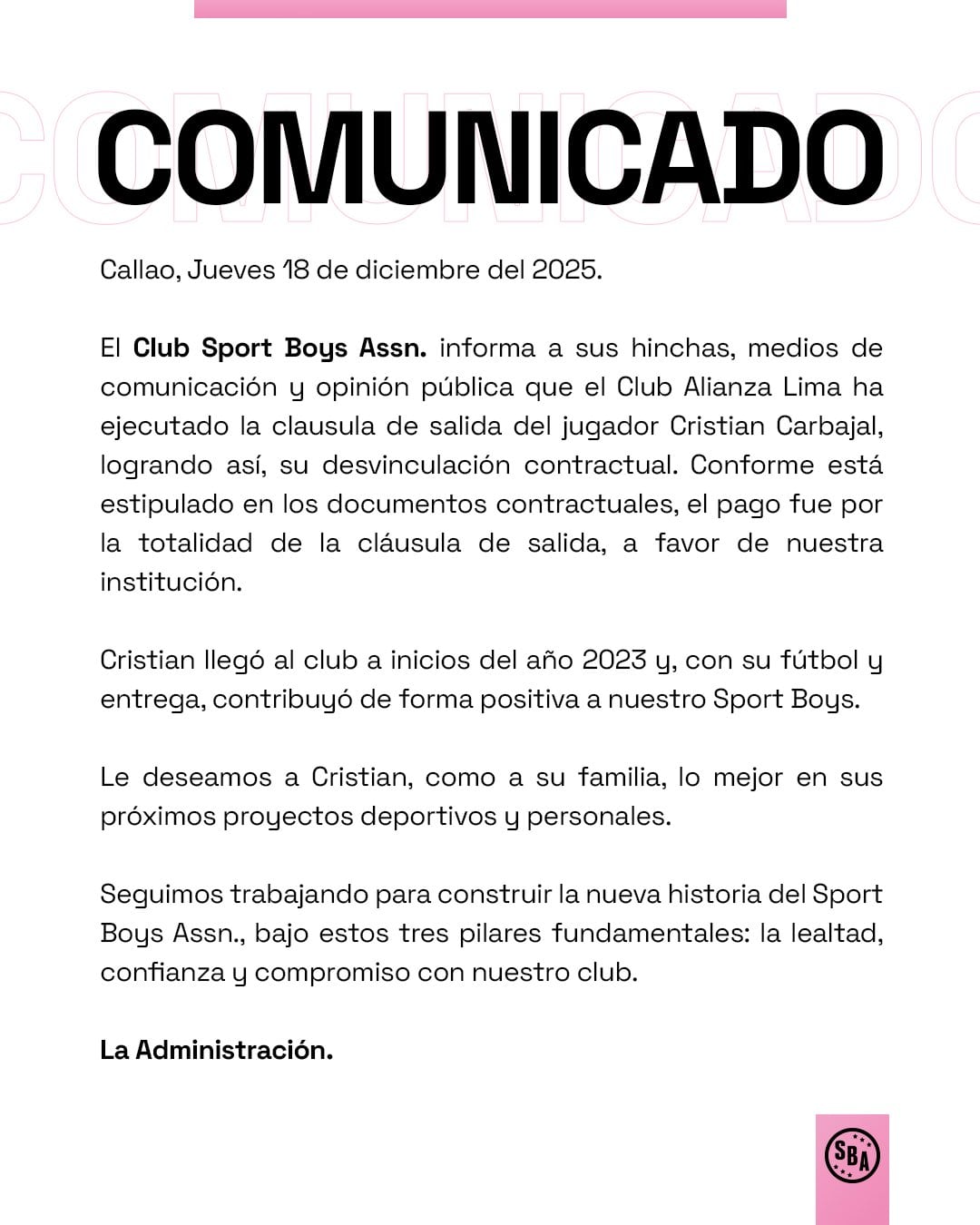 Sport Boys anunció la salida de Cristian Carbajal. (Foto: Sport Boys)