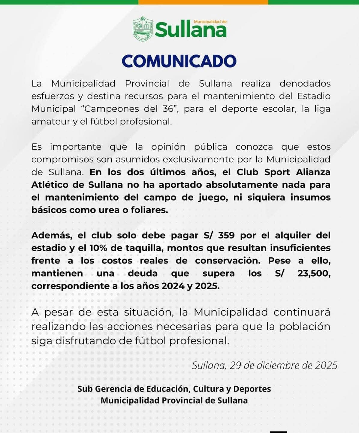 Comunicado de la Municipalidad de Sullana acusando deudas del club Alianza Atlético.