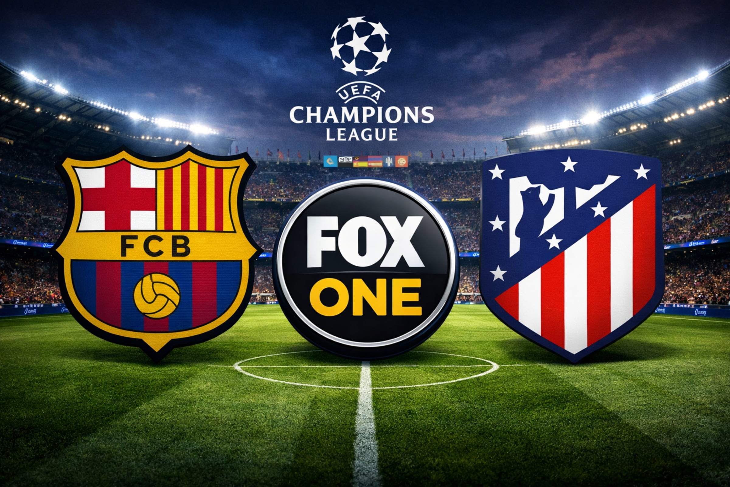 Señal de FOX One para seguir la transmisión de FC Barcelona vs. Atlético de Madrid ida, por cuartos de final de la UEFA Champions League 2026 desde el Camp Nou. (Foto: Imagen creada por El Comercio MAG utilizando la IA de Chat GPT)