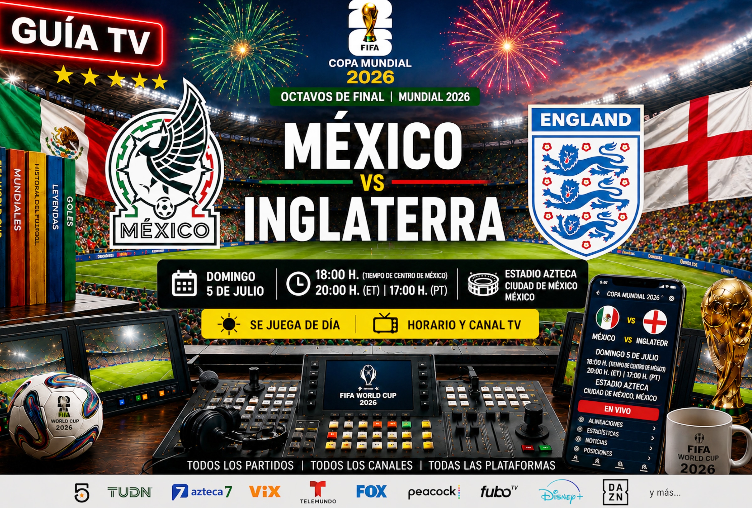 CIUDAD DE MÉXICO, CDMX (MÉXICO), 05/07/2026.- Lista de canales de señal abierta que transmiten el partido entre México e Inglaterra hoy por los octavos de final del Mundial 2026 en el Estadio Azteca de la Ciudad de México (CDMX). FOTO DE NOÉ YACTAYO