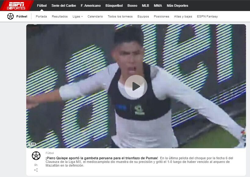 La prensa mexicana reaccionó al gol de Piero Quispe. (Imagen: Captura de ESPN Deportes)