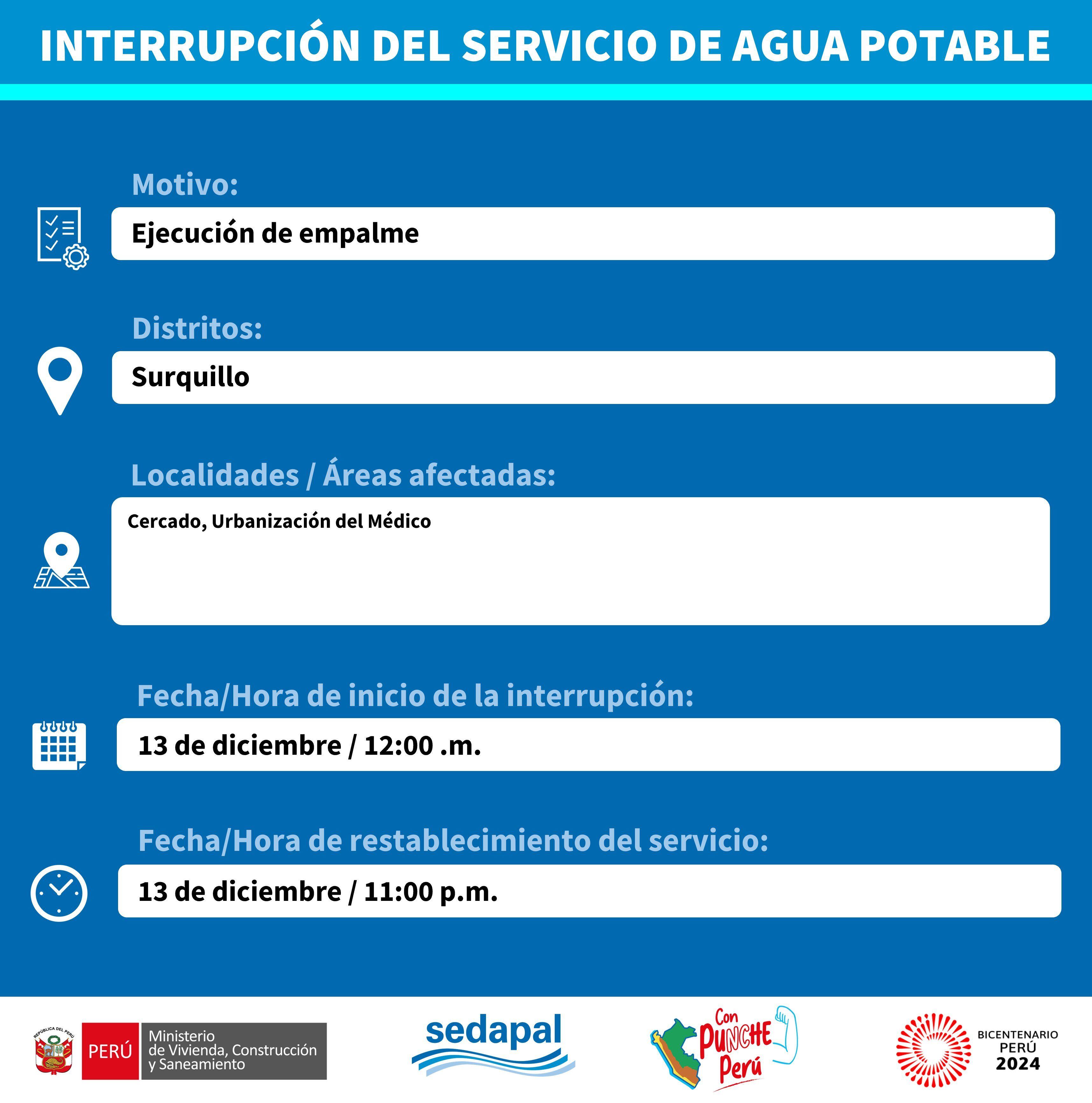 Sedapal informó qué distritos no tendrán agua este miércoles 13 de diciembre. (Foto: Twitter)