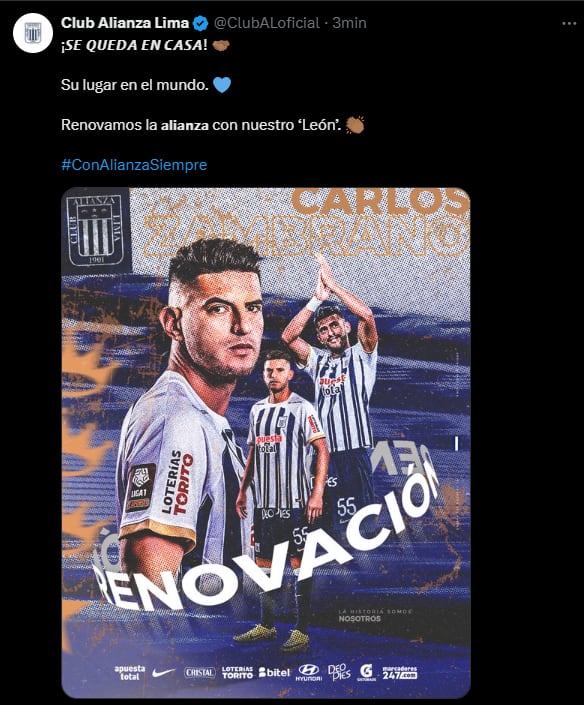 Publicación de Alianza Lima anunciando renovación de Carlos Zambrano. (Fuente: Alianza Lima)